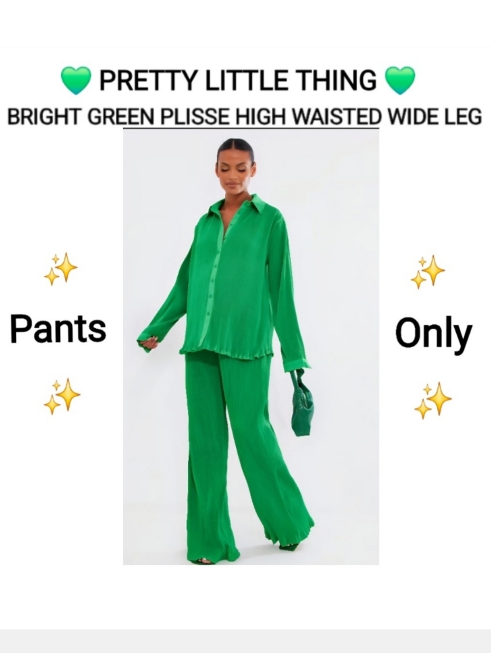 PrettyLittleThing Bright Green Plissé Wide Leg Trousers, Size 8
